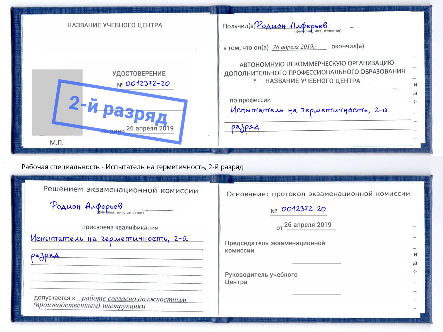 корочка 2-й разряд Испытатель на герметичность Красный Сулин