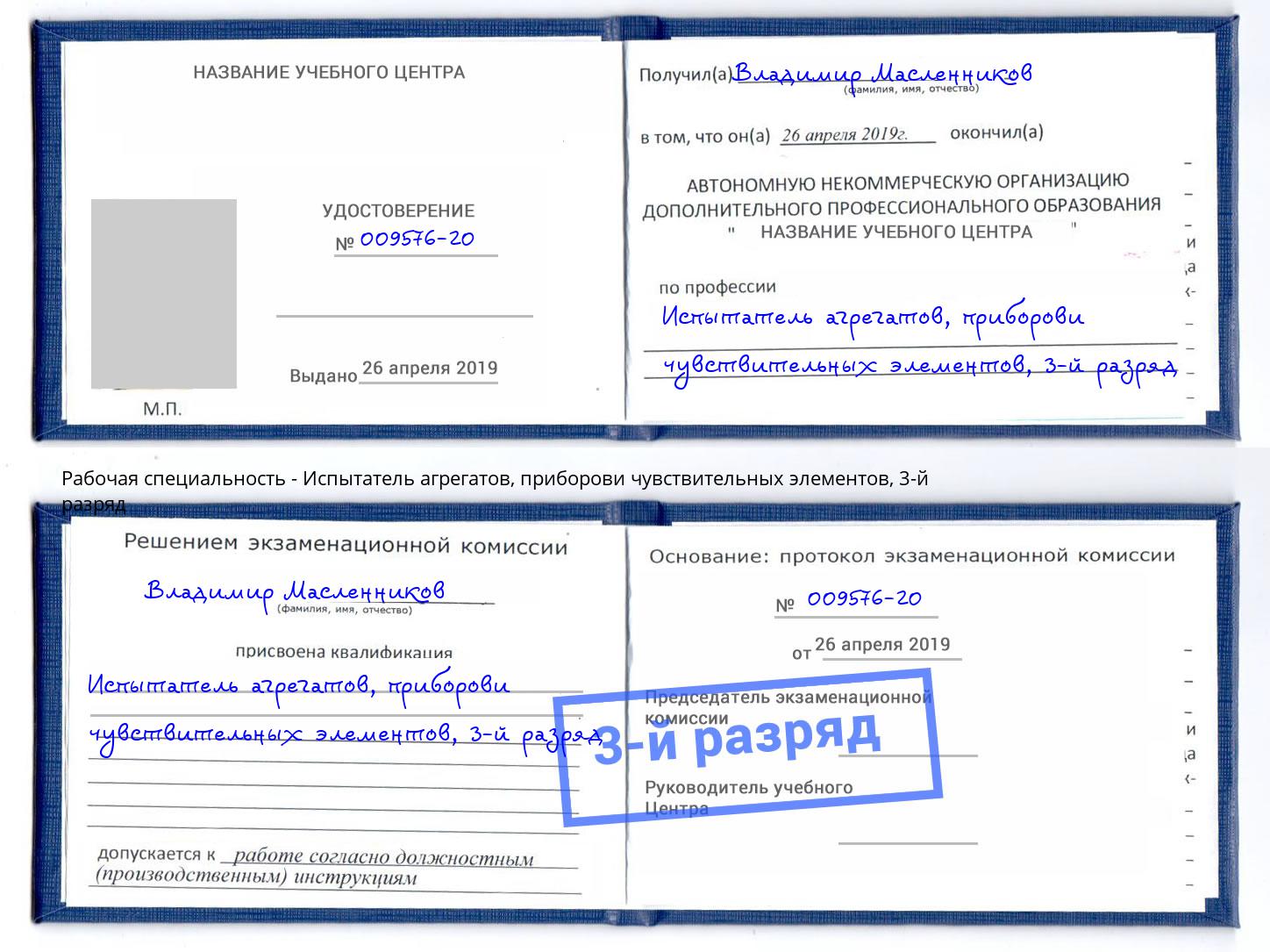 корочка 3-й разряд Испытатель агрегатов, приборови чувствительных элементов Красный Сулин