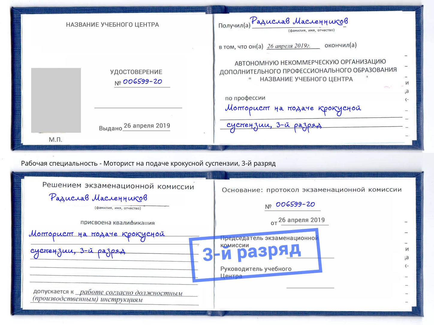 корочка 3-й разряд Моторист на подаче крокусной суспензии Красный Сулин