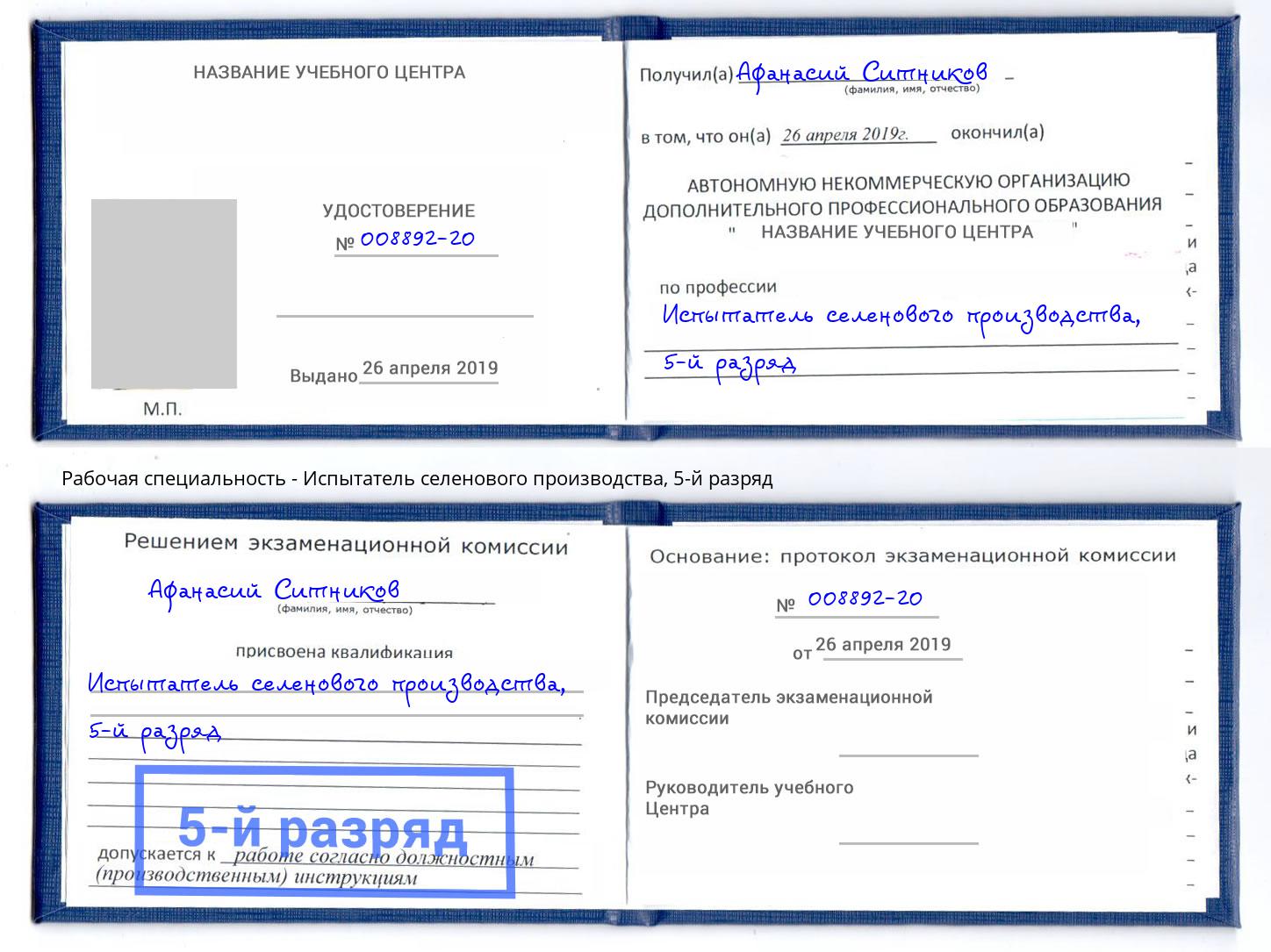корочка 5-й разряд Испытатель селенового производства Красный Сулин