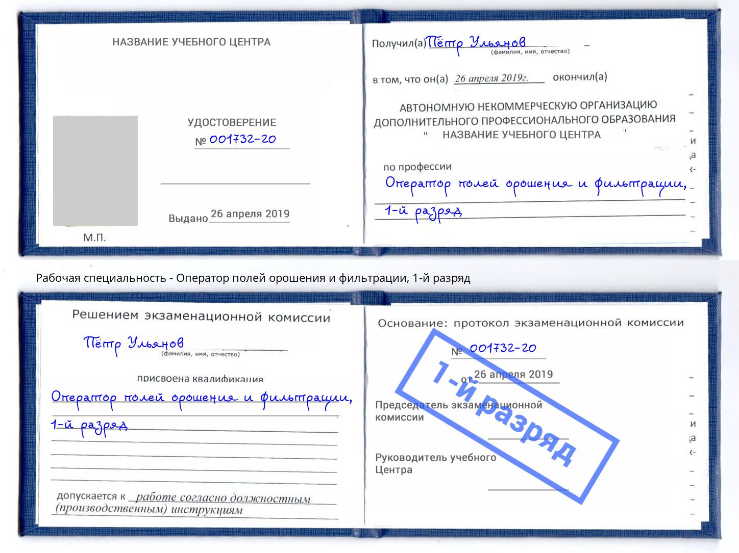 корочка 1-й разряд Оператор полей орошения и фильтрации Красный Сулин