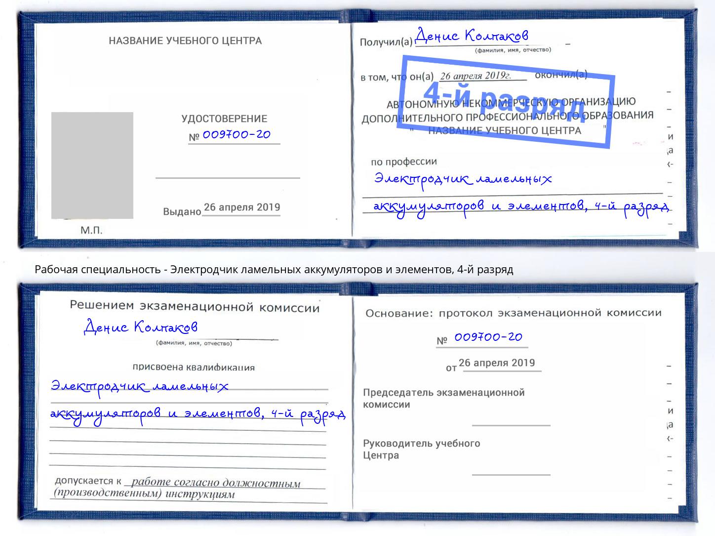 корочка 4-й разряд Электродчик ламельных аккумуляторов и элементов Красный Сулин