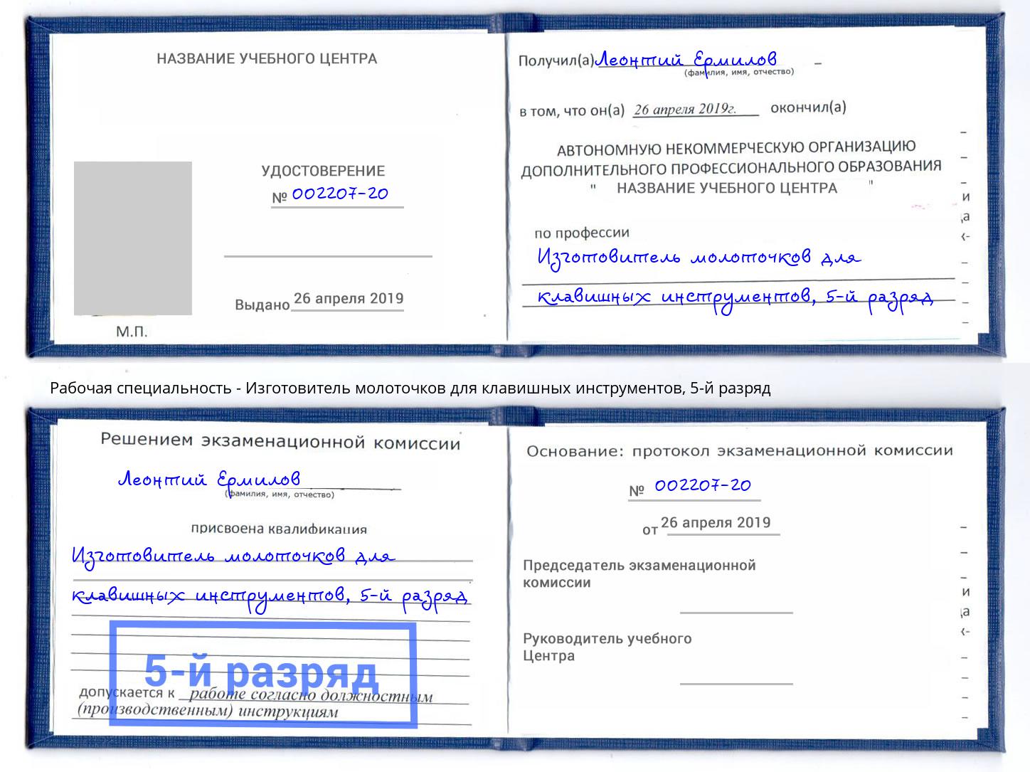 корочка 5-й разряд Изготовитель молоточков для клавишных инструментов Красный Сулин