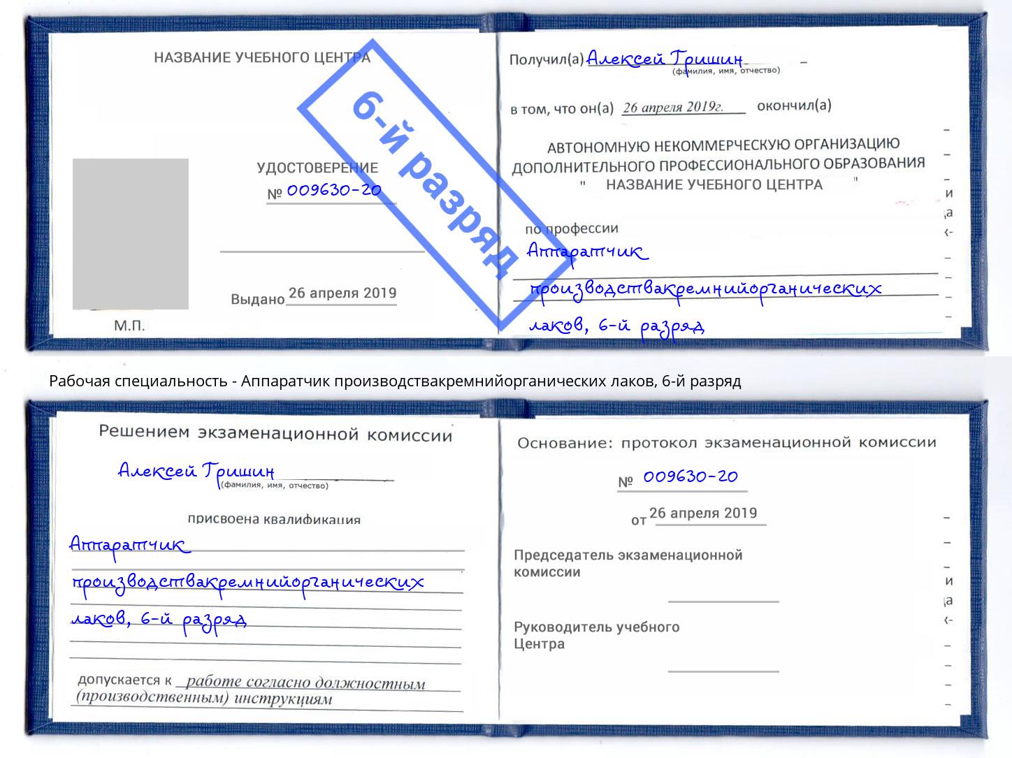 корочка 6-й разряд Аппаратчик производствакремнийорганических лаков Красный Сулин