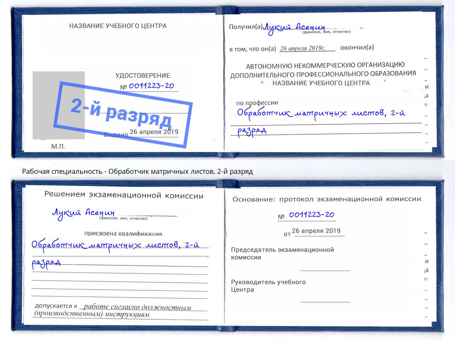 корочка 2-й разряд Обработчик матричных листов Красный Сулин