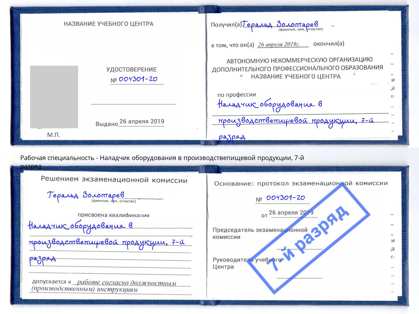 корочка 7-й разряд Наладчик оборудования в производствепищевой продукции Красный Сулин