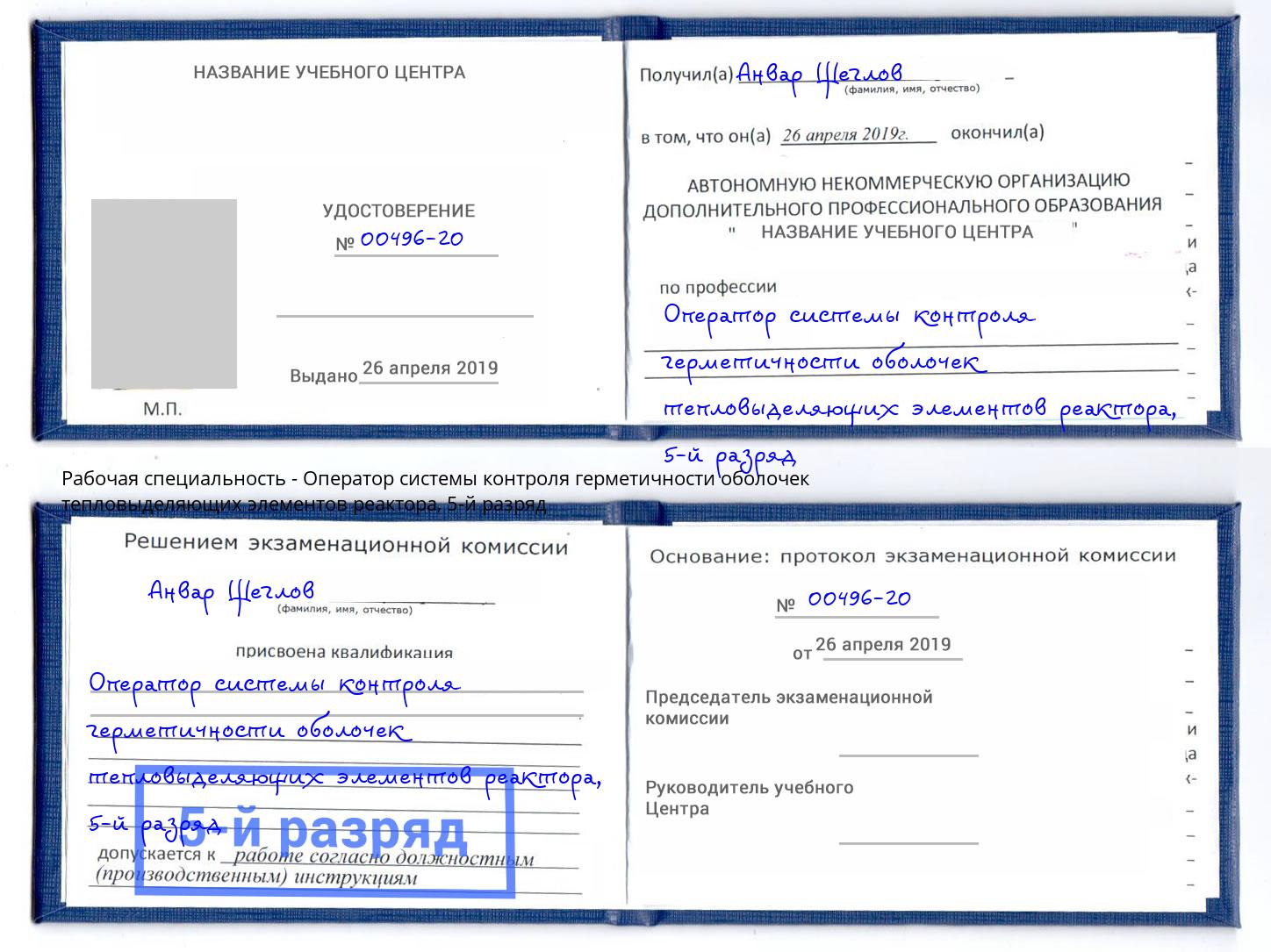 корочка 5-й разряд Оператор системы контроля герметичности оболочек тепловыделяющих элементов реактора Красный Сулин