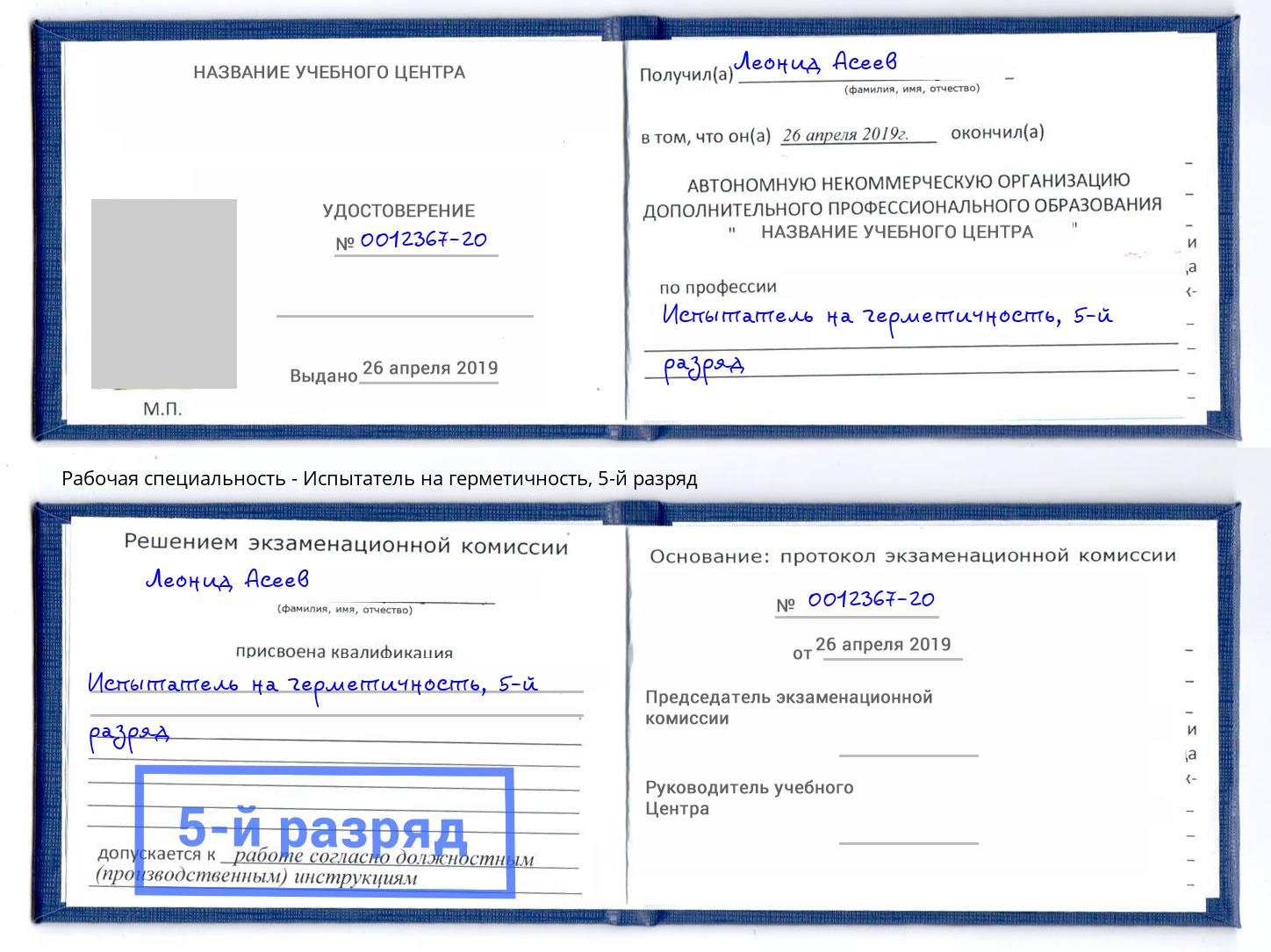 корочка 5-й разряд Испытатель на герметичность Красный Сулин