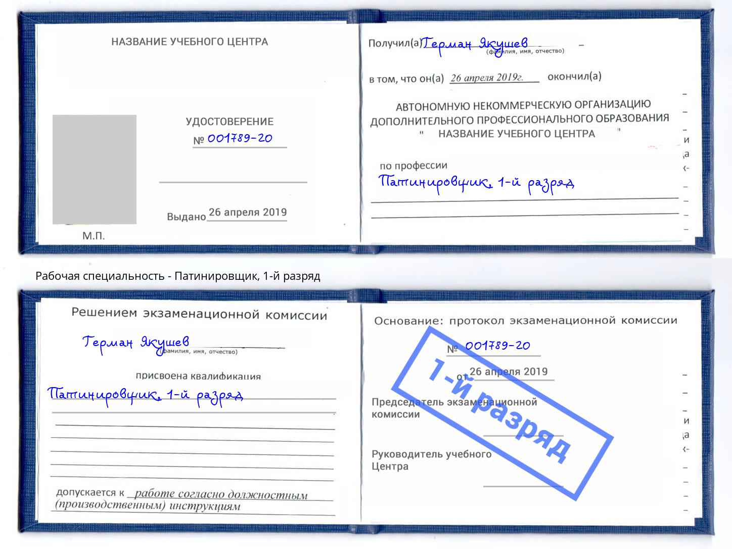 корочка 1-й разряд Патинировщик Красный Сулин