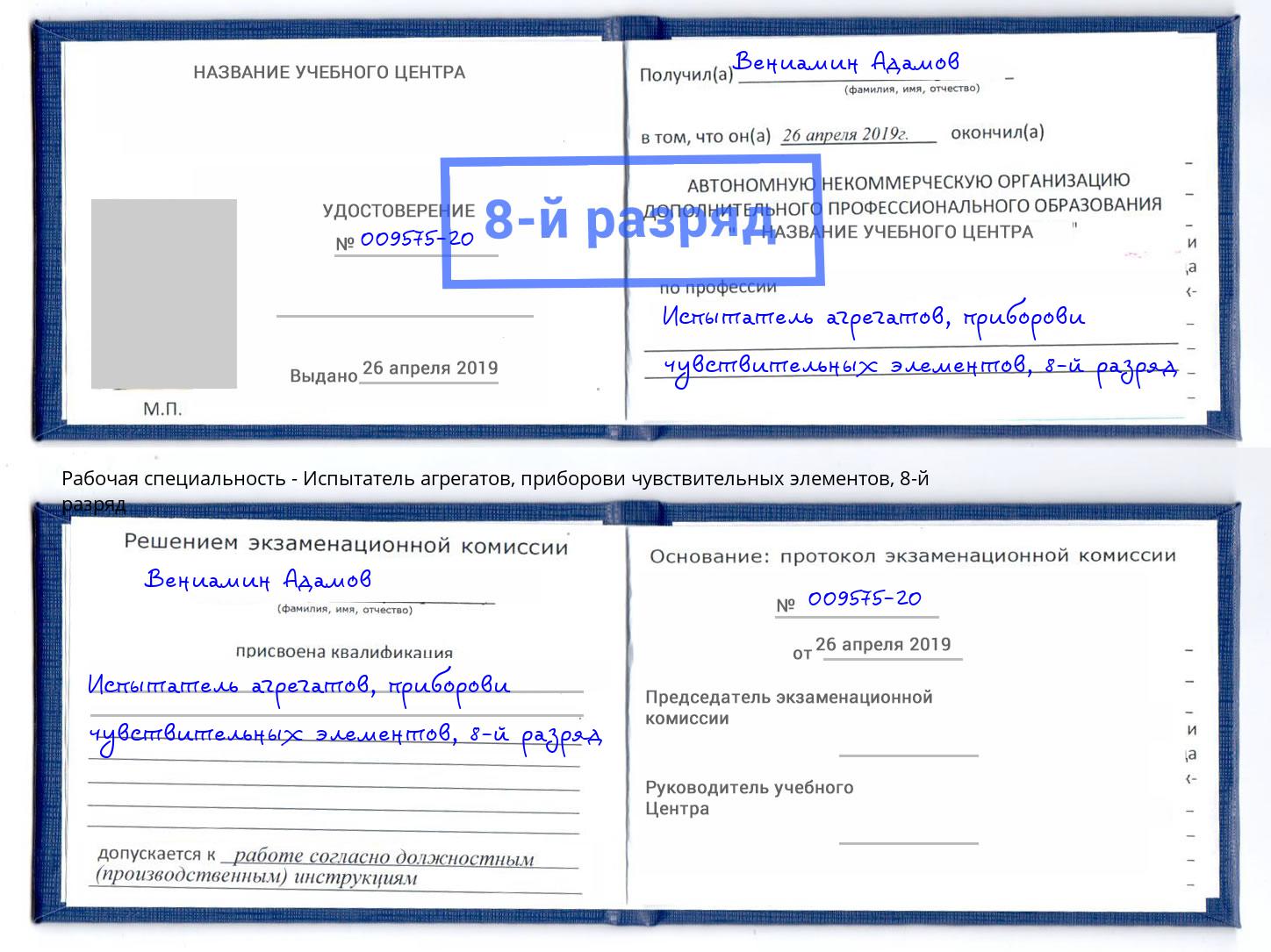 корочка 8-й разряд Испытатель агрегатов, приборови чувствительных элементов Красный Сулин